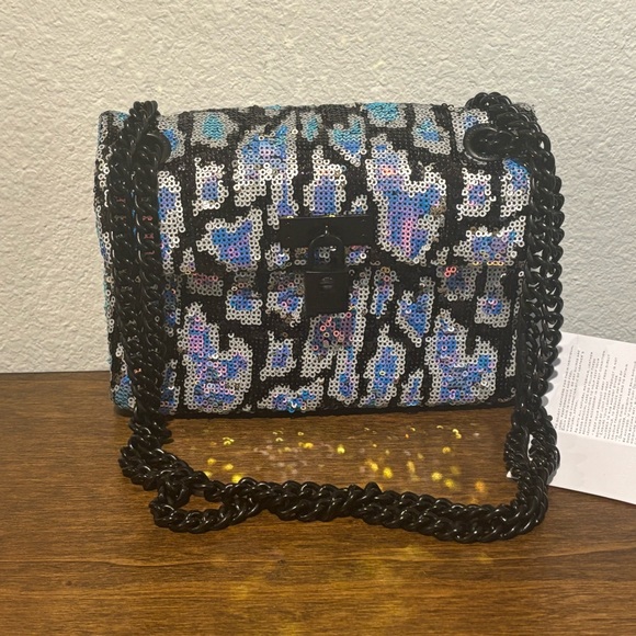 Kurt Geiger Handbags - Kurt Geiger Blue & Purple Sequin Leopard Crossbody with Black Chain